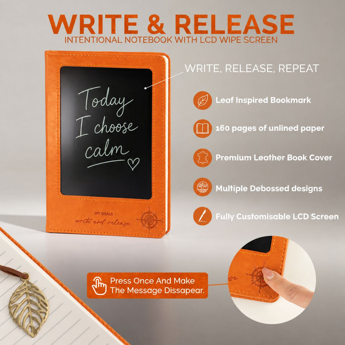 A5 Intention Note Book - LCD Wipe Screen - Orange Leather Effect - 160 Pages