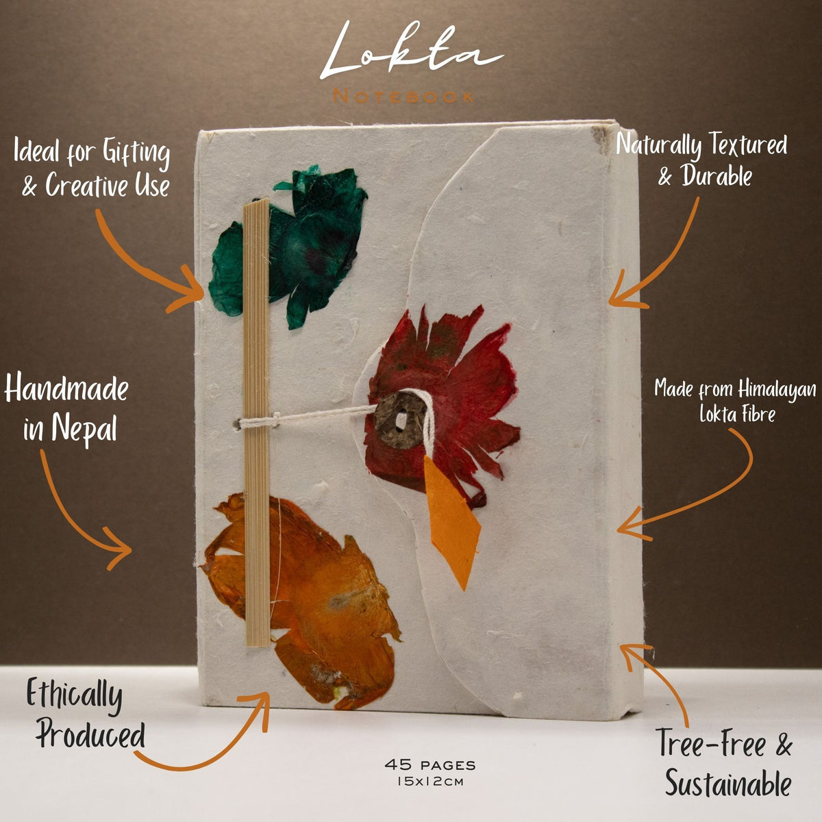 Med Lokta Button Lock Notebook (15x12cm) - 45 leafs - Crafted Real Himalayan Floral Design