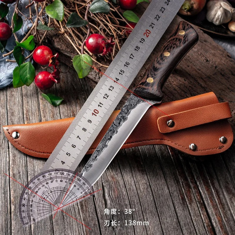 Handmade Forged Chef's Knife – High Carbon Steel with Leather Sheath & Wenge Wood Handle for Kitchen & BBQ