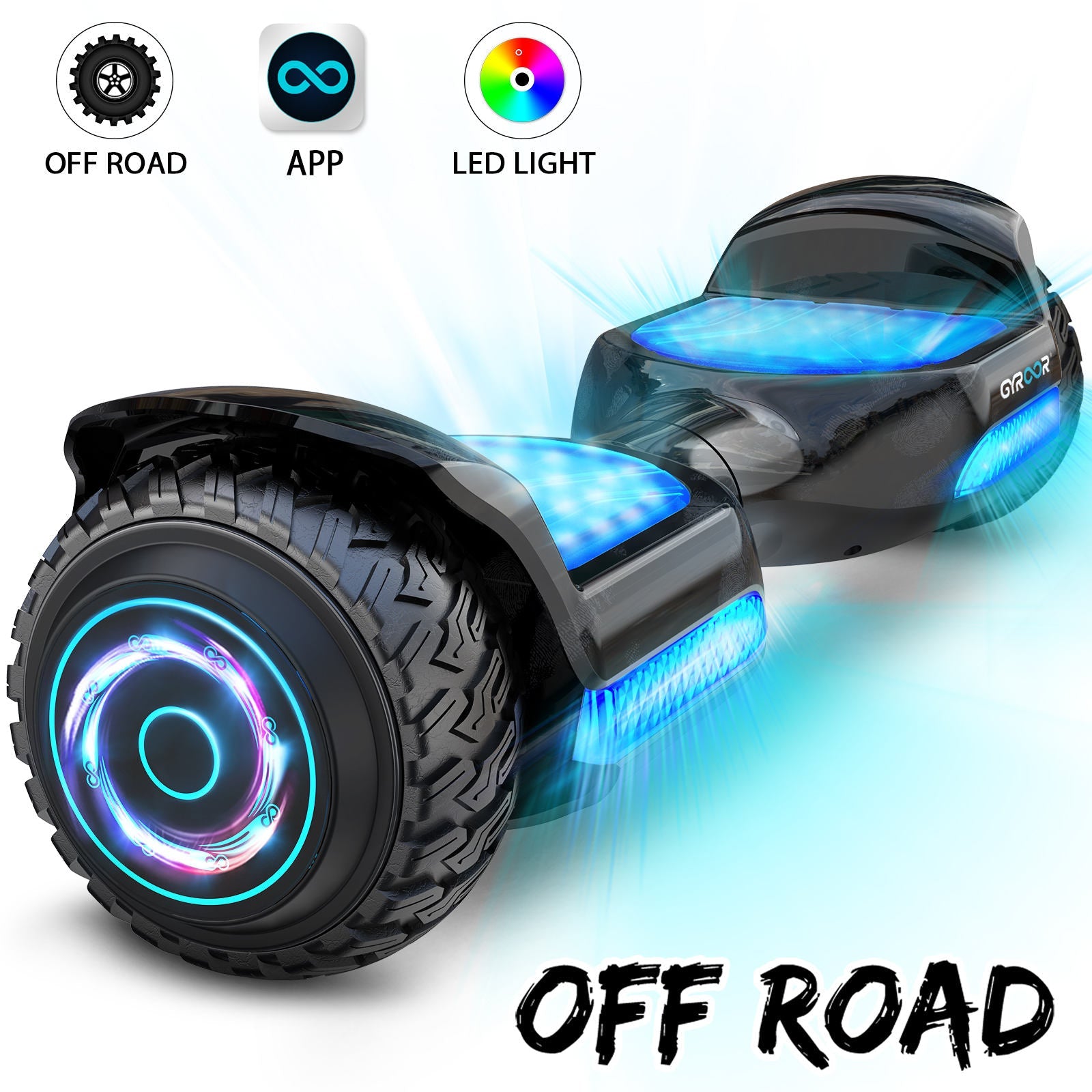 Hoverboard tout terrain tout terrain 6,5" avec haut-parleur musical Bluetooth, lumières LED et contrôle intelligent par application, cadeau d'anniversaire de Noël pour enfants, adultes et adolescents