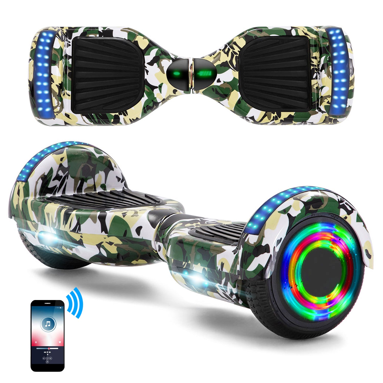 Camo Green Hoverboard 6.5 Inch, Smart Self Balancing Scooter with Bluetooth & LED Lights