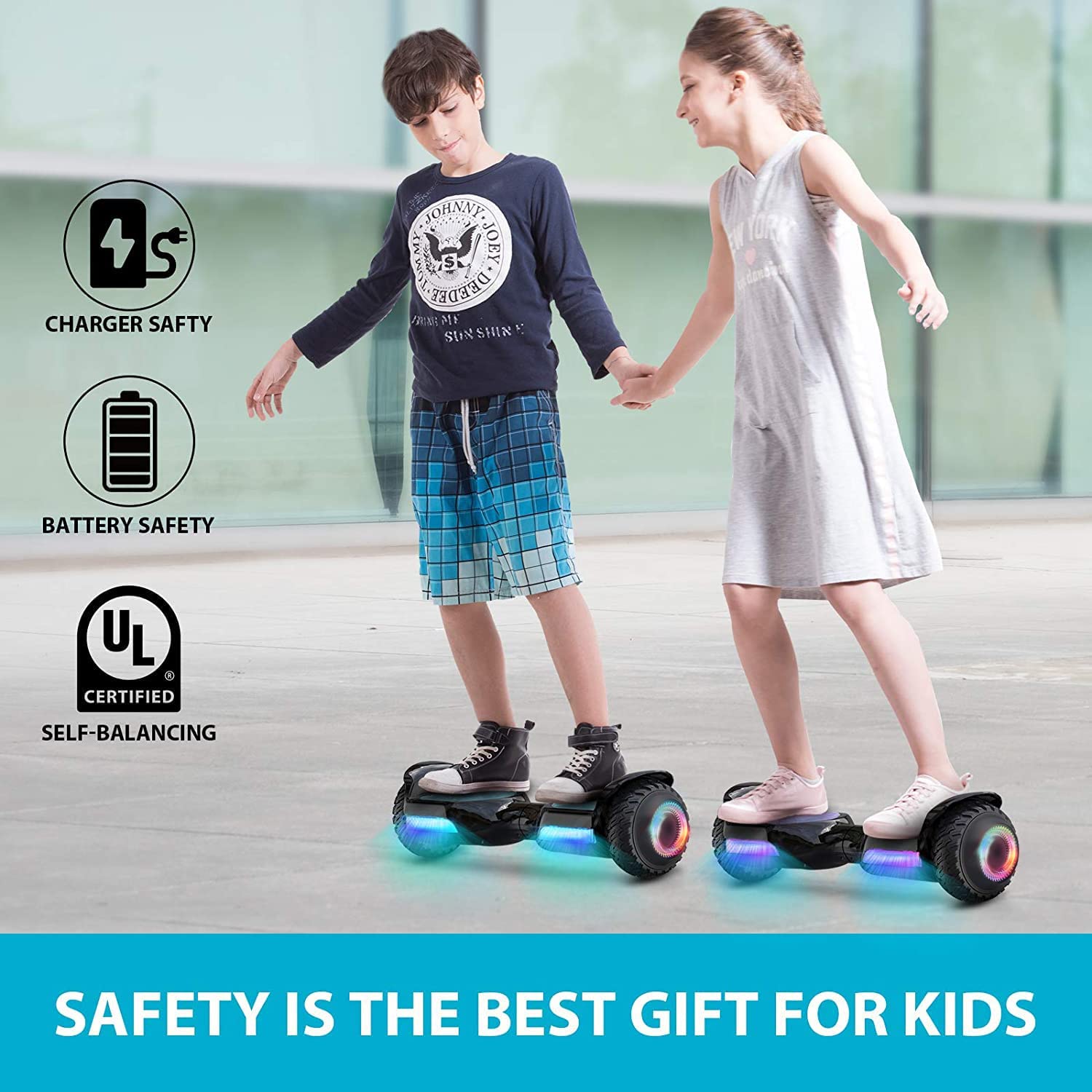 Hoverboard tout terrain tout terrain 6,5" avec haut-parleur musical Bluetooth, lumières LED et contrôle intelligent par application, cadeau d'anniversaire de Noël pour enfants, adultes et adolescents