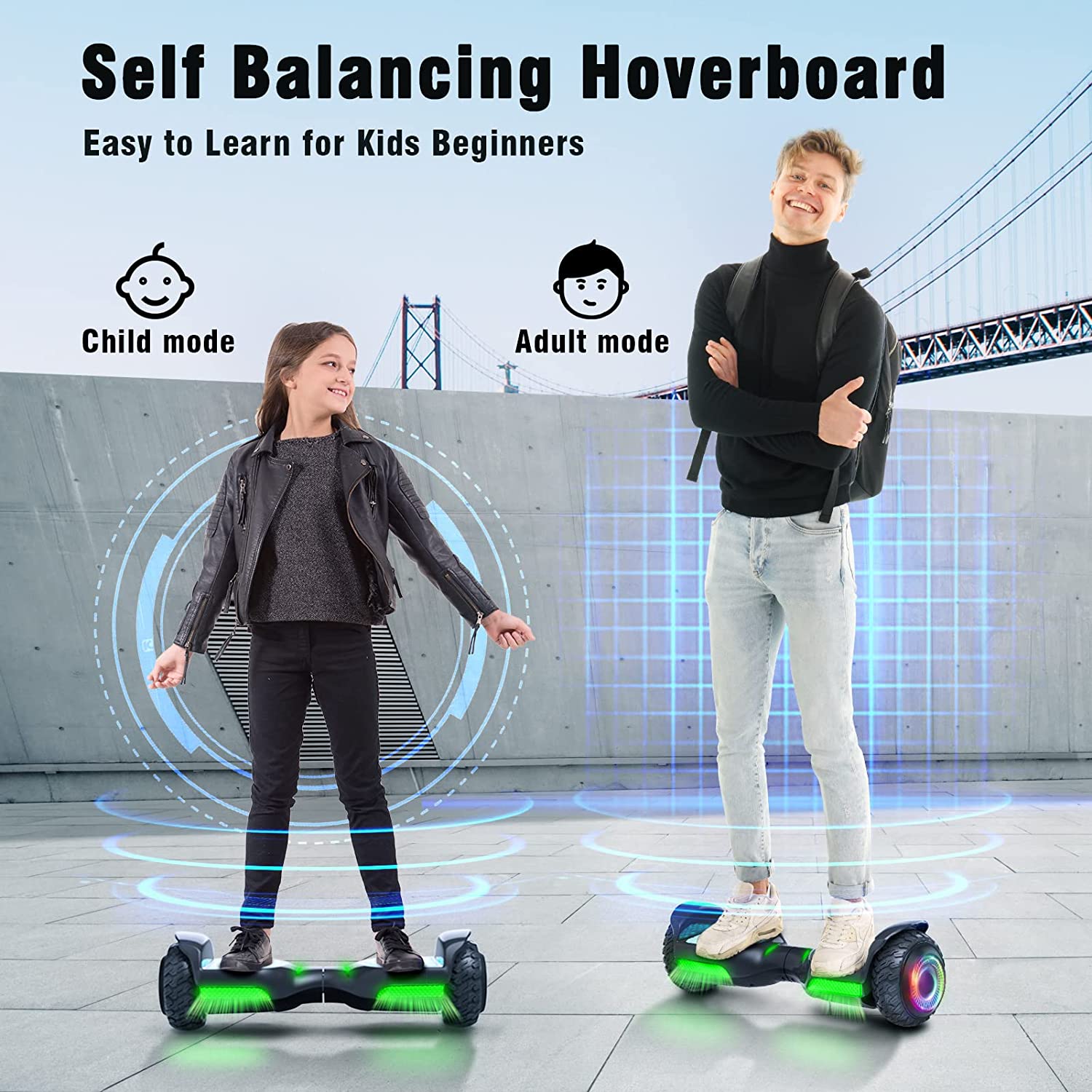 Hoverboard tout terrain tout terrain 6,5" avec haut-parleur musical Bluetooth, lumières LED et contrôle intelligent par application, cadeau d'anniversaire de Noël pour enfants, adultes et adolescents