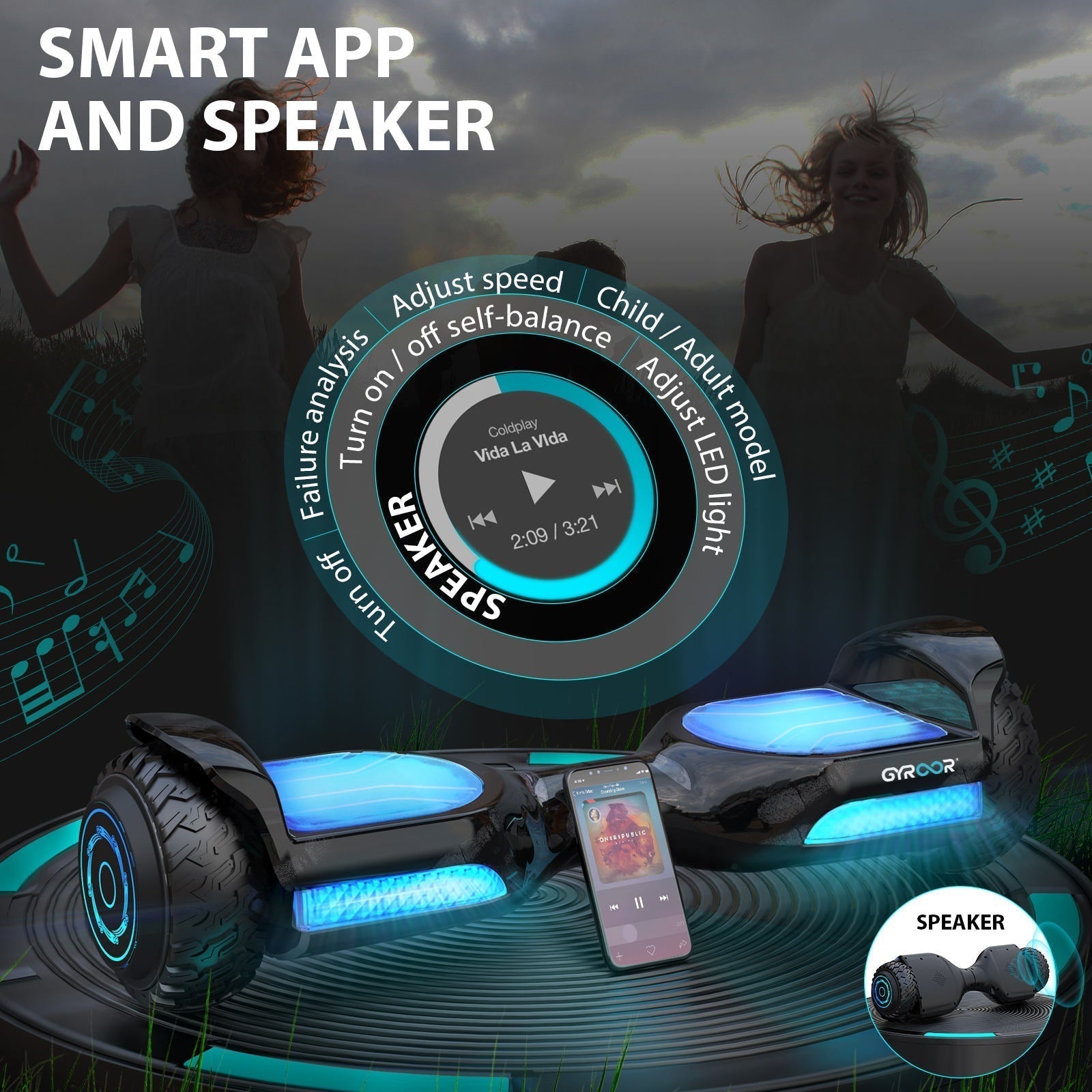 Hoverboard tout terrain tout terrain 6,5" avec haut-parleur musical Bluetooth, lumières LED et contrôle intelligent par application, cadeau d'anniversaire de Noël pour enfants, adultes et adolescents