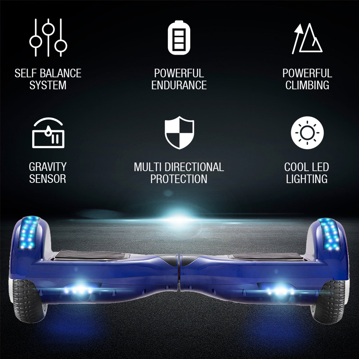 Hoverboard bleu 6,5 pouces, scooter intelligent à auto-équilibrage avec Bluetooth et lumières LED