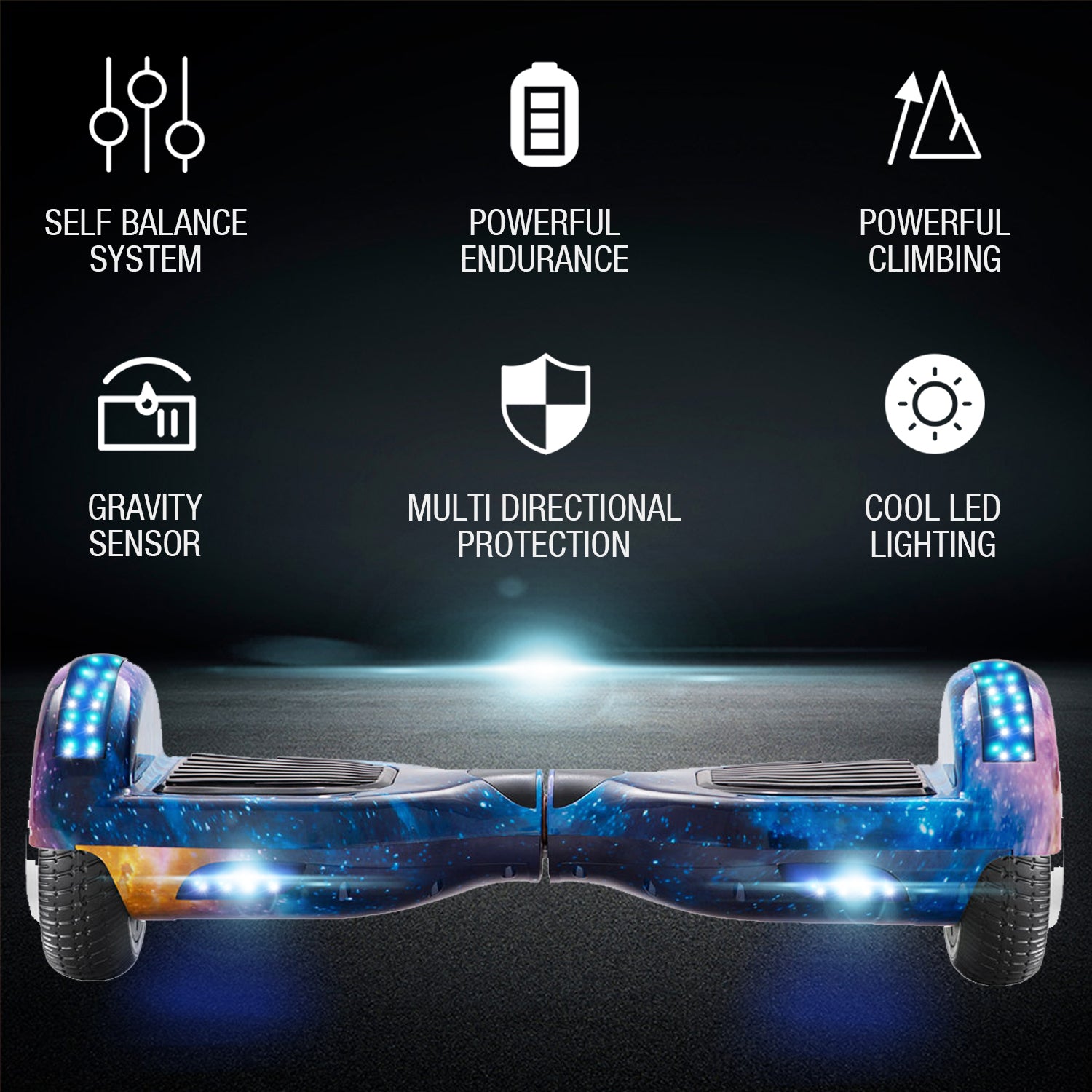 Blue Sky Hoverboard 6,5 pouces, scooter intelligent à auto-équilibrage avec Bluetooth et lumières LED