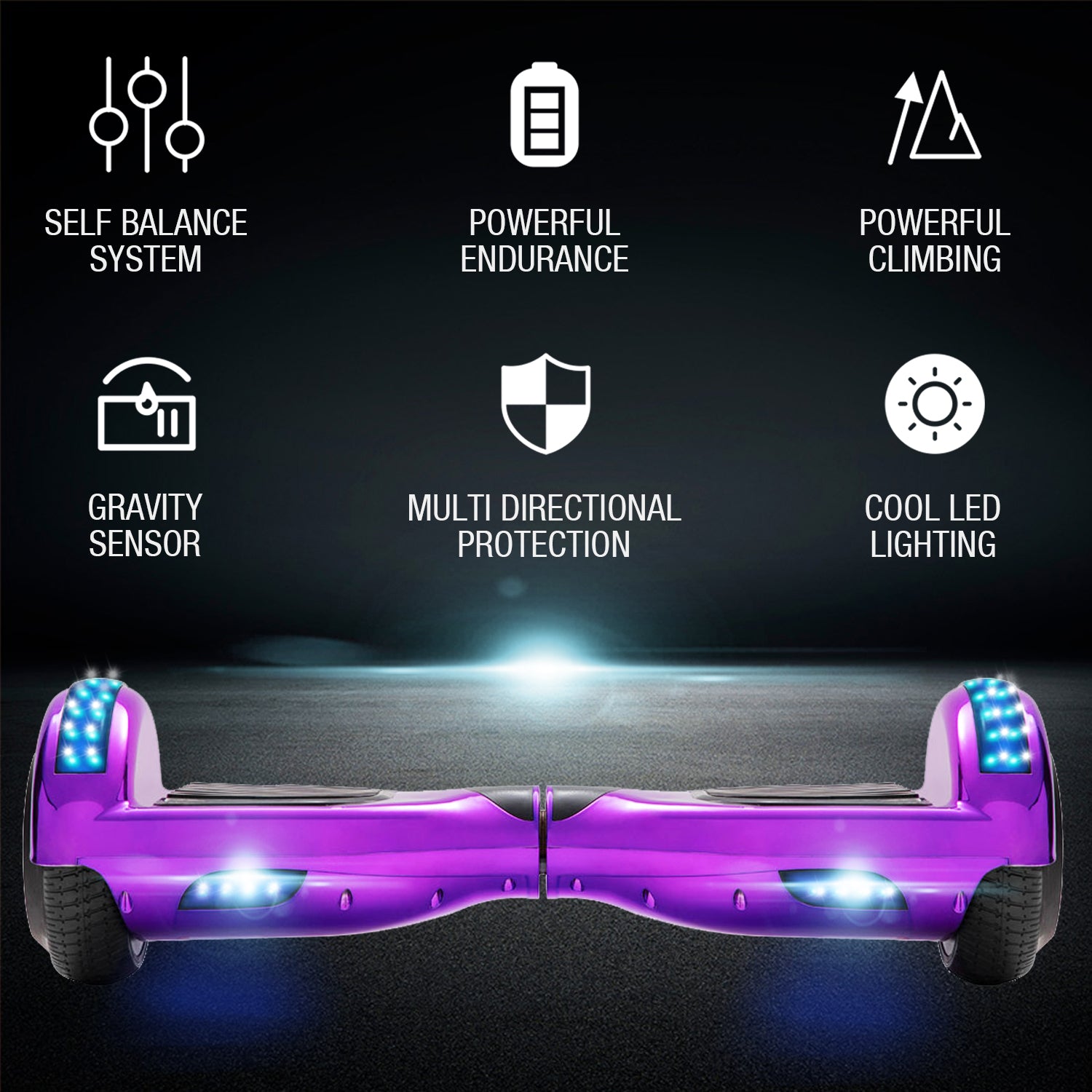 Hoverboard violet 6,5 pouces, scooter intelligent à auto-équilibrage avec Bluetooth et lumières LED