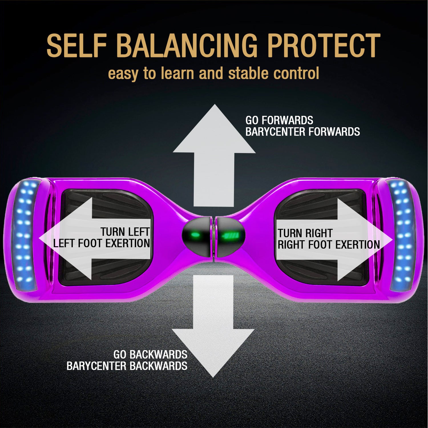 Purple Hoverboard 6.5 Inch, Smart Self Balancing Scooter with Bluetooth & LED Lights