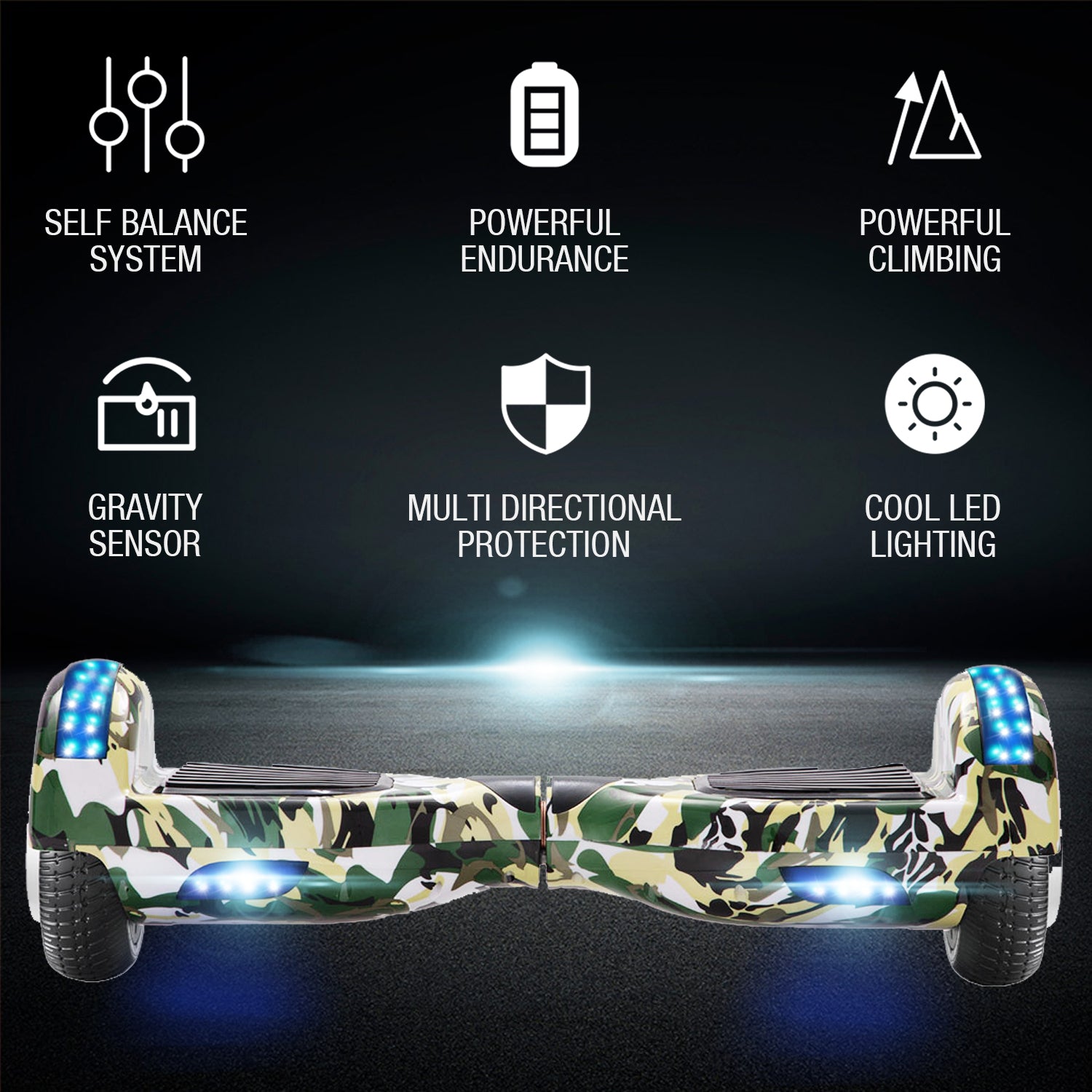 Camo Green Hoverboard 6,5 pouces, scooter intelligent à auto-équilibrage avec Bluetooth et lumières LED