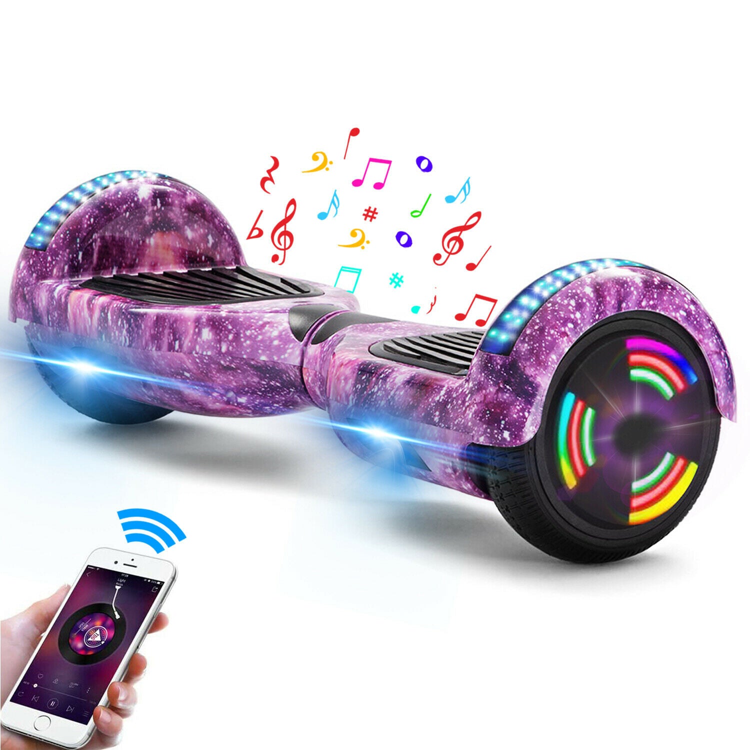 Hoverboard violet 6,5 pouces, scooter intelligent à auto-équilibrage avec Bluetooth et lumières LED