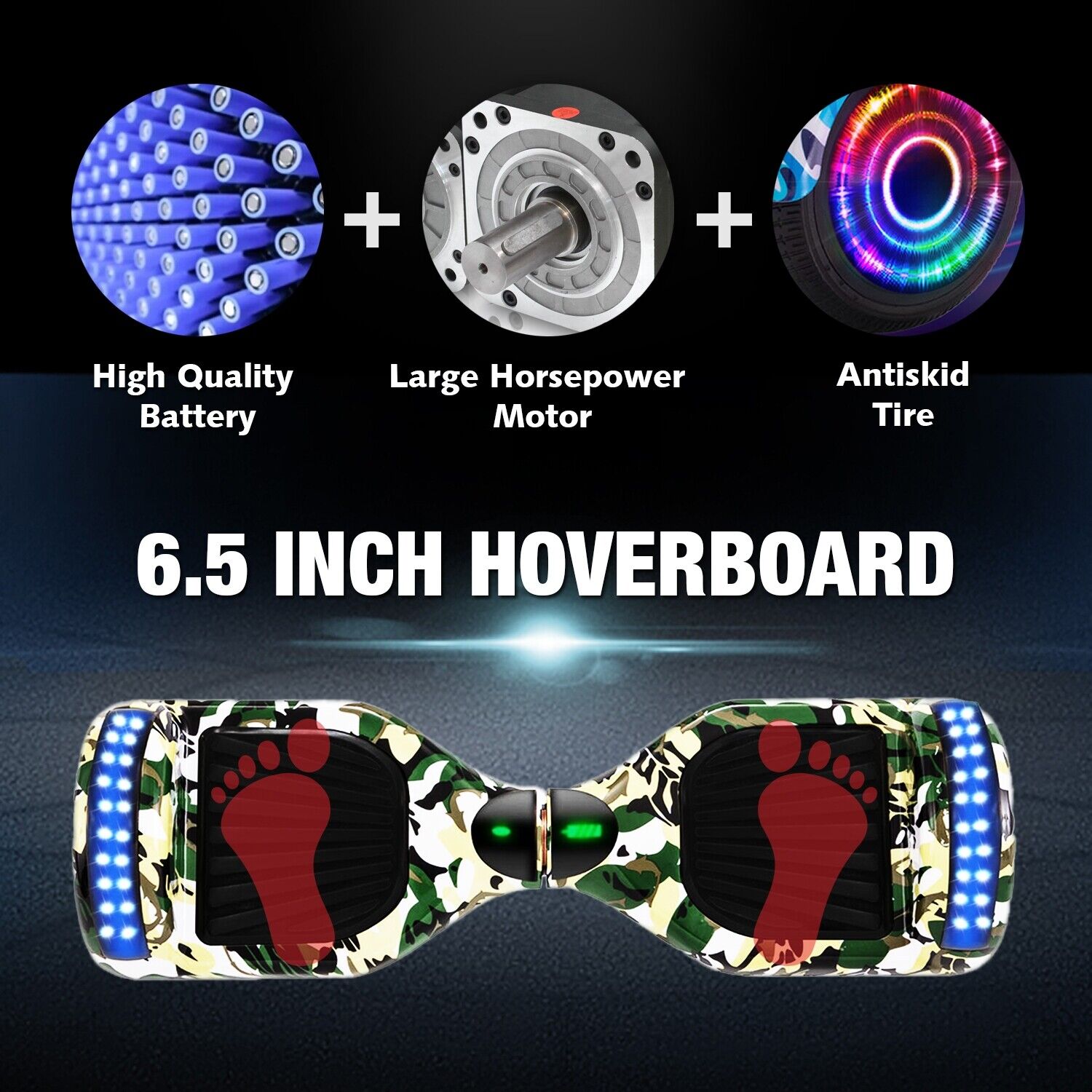 Camo Green Hoverboard 6.5 Inch, Smart Self Balancing Scooter with Bluetooth & LED Lights