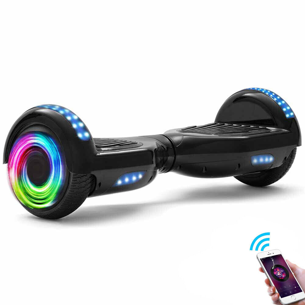 Hoverboard noir 6,5 pouces, scooter intelligent à auto-équilibrage avec Bluetooth et lumières LED